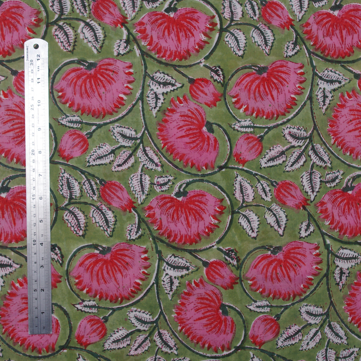 Indian Hand Block 100% Cotton Green Pink Lotus Women Dress Fabric Design 100
