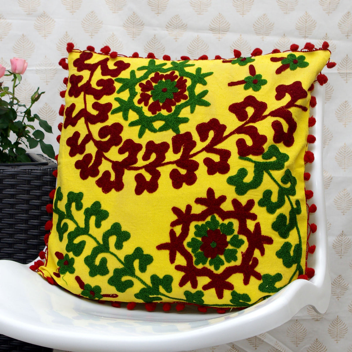 Decorative Suzani Floral Print & Woolen Embroidered Cotton Cushion Cover With Pom Pom Design 12 - Kantha Decor
