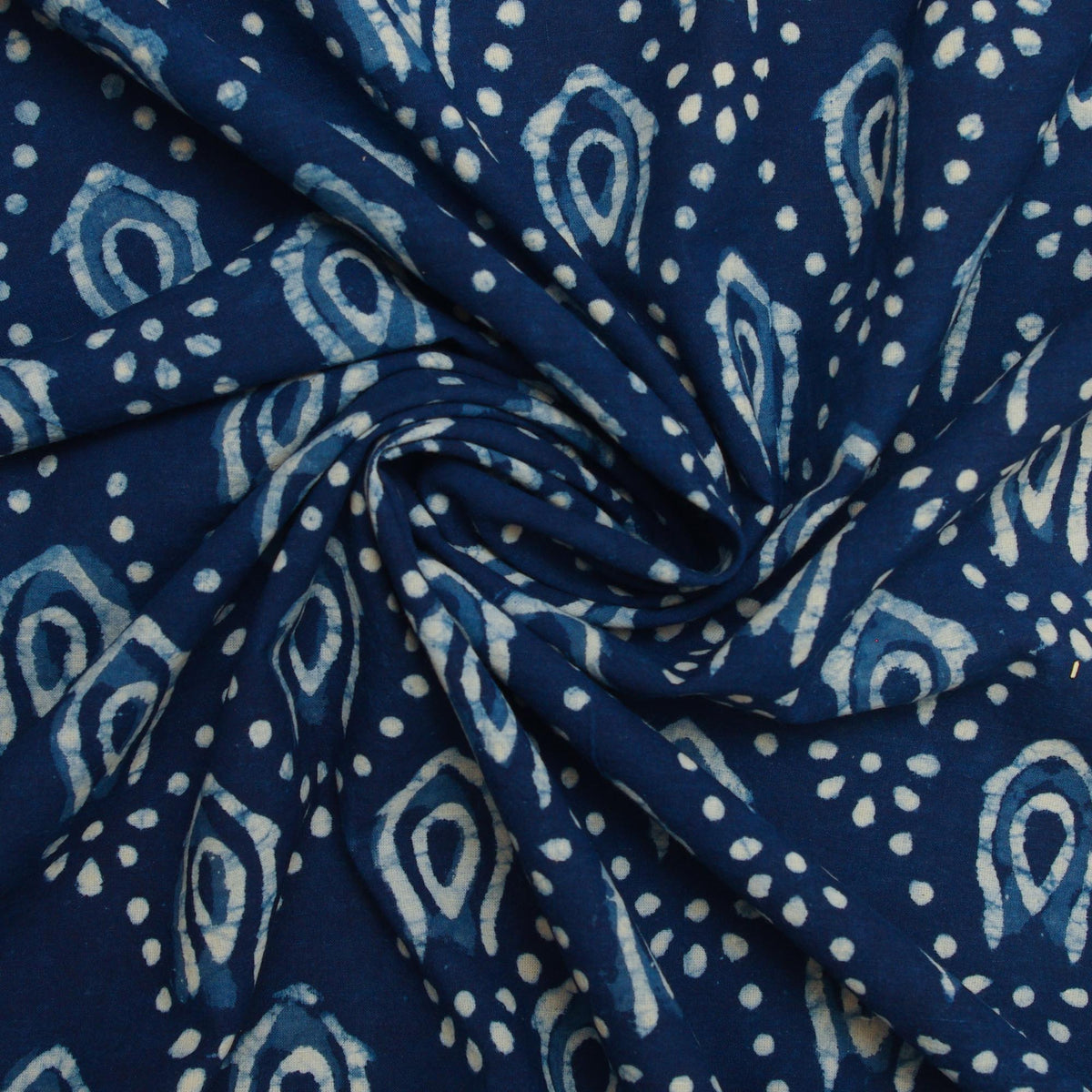 Indigo Dabu Peacocks Feathers Pattern Hand Block Printed 100% Cotton Fabric Design 126