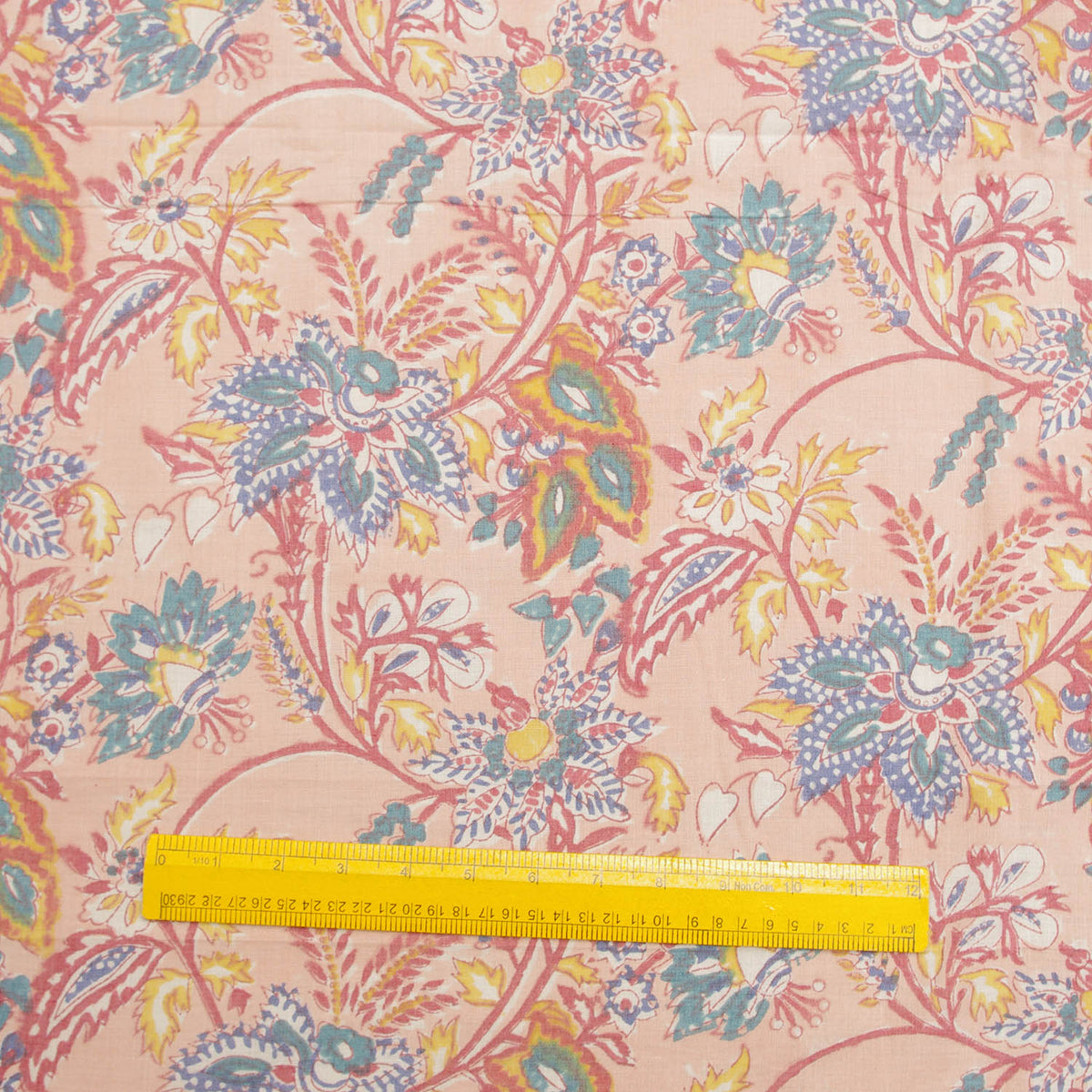 Block Print 100 % Cotton Voile Fabric In Peach Floral Print Design 177