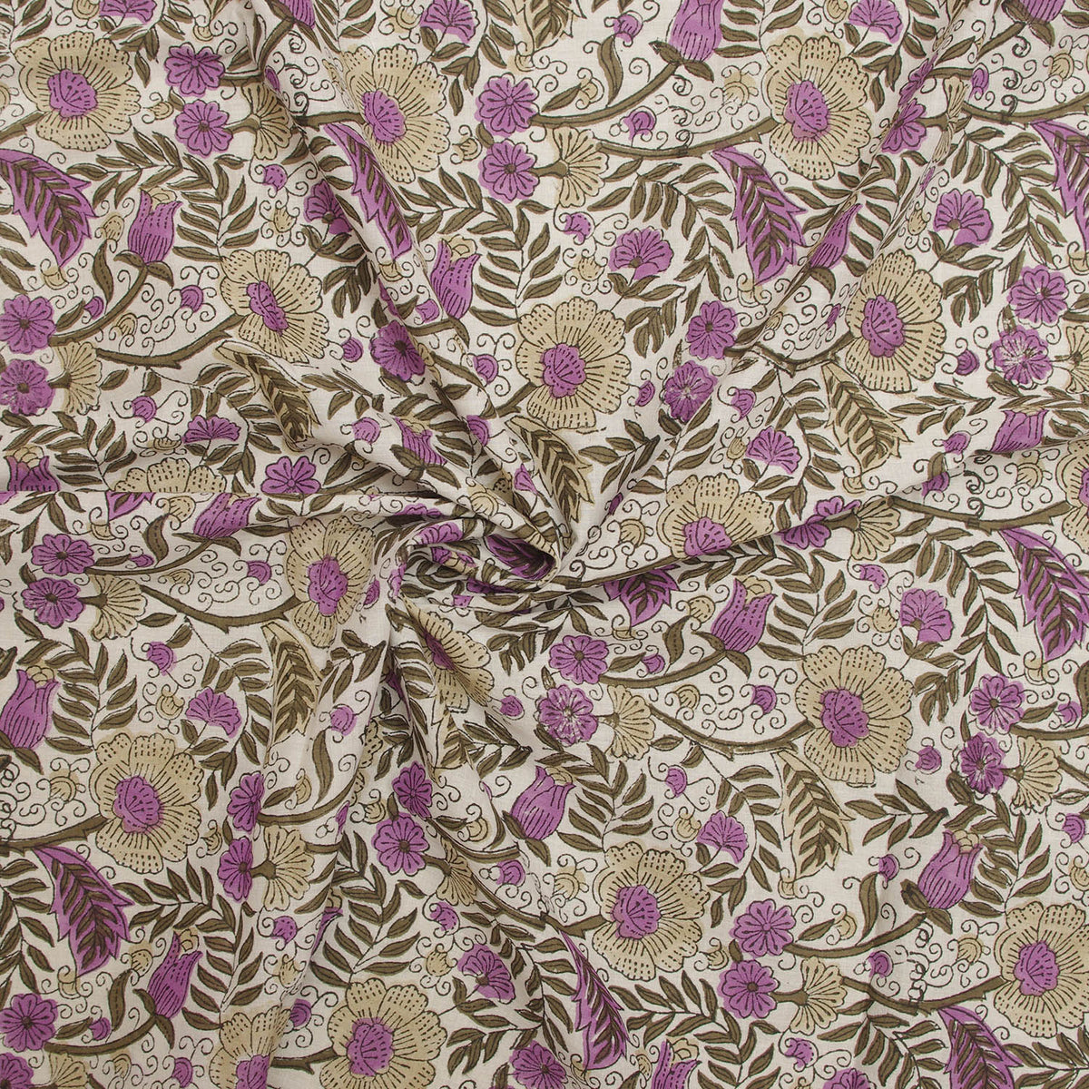 Block Print 100 % Cotton Voile Purple Floral Print Fabric Design 185