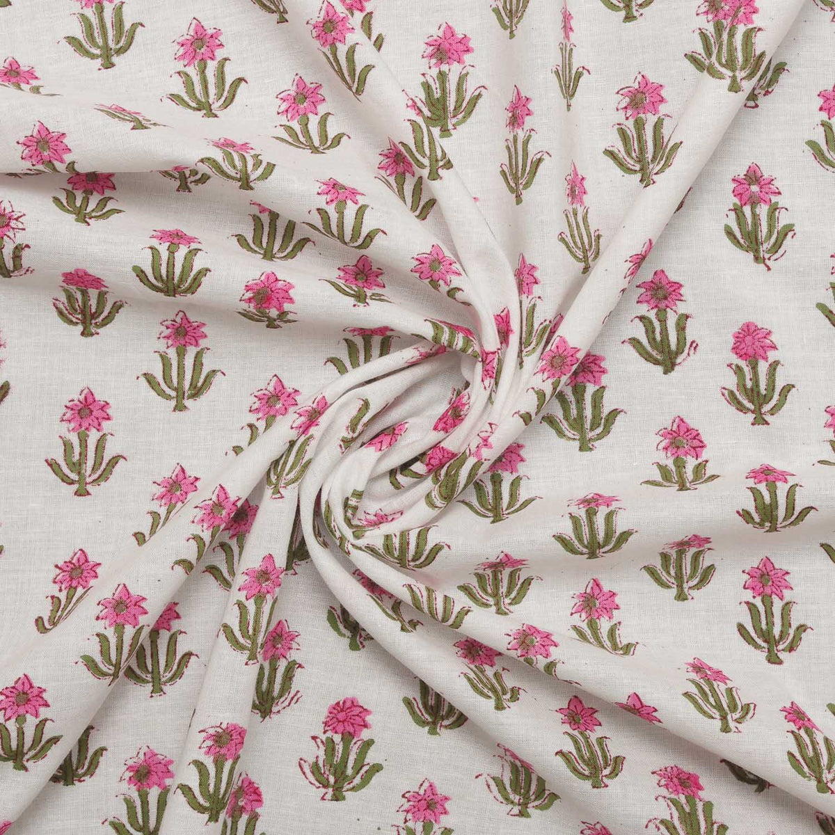 Indian Hand Block Printed Small Pink Flowers Cotton Women Dress Fabric Design 207