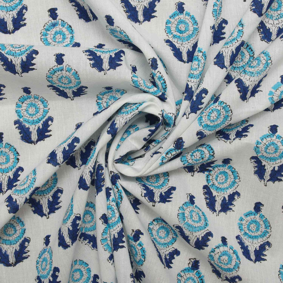 Indian Hand Block Print Blue Motif 100% Cotton Women Dress Fabric Design 212