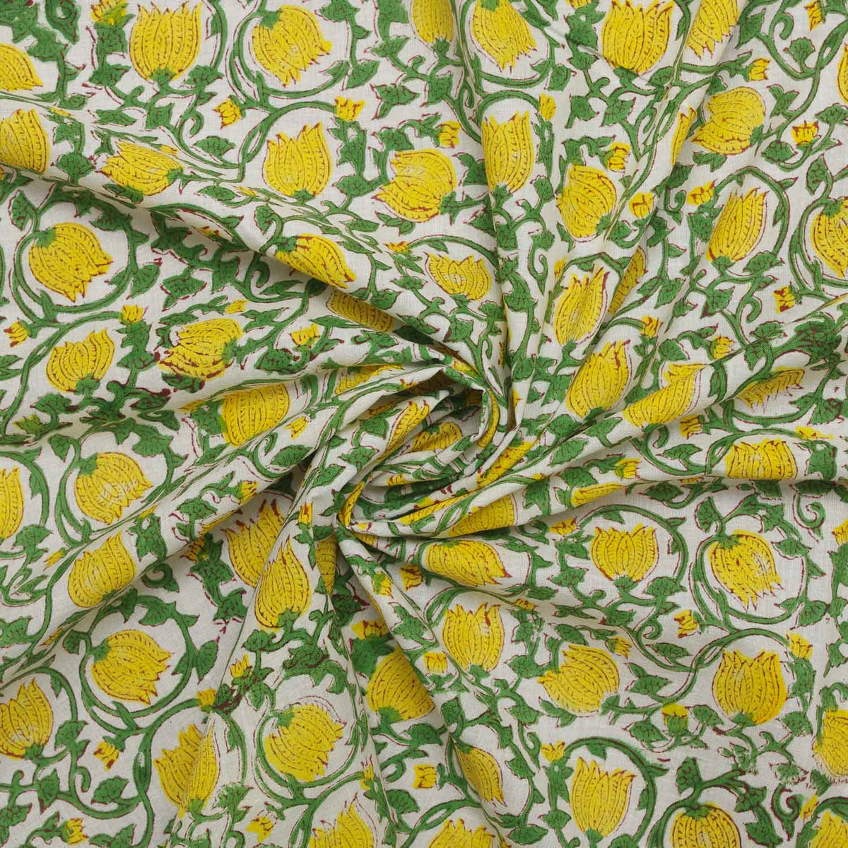 Indian Hand Block Print Yellow Bells Pattern 100% Cotton Women Dress Fabric Design 214
