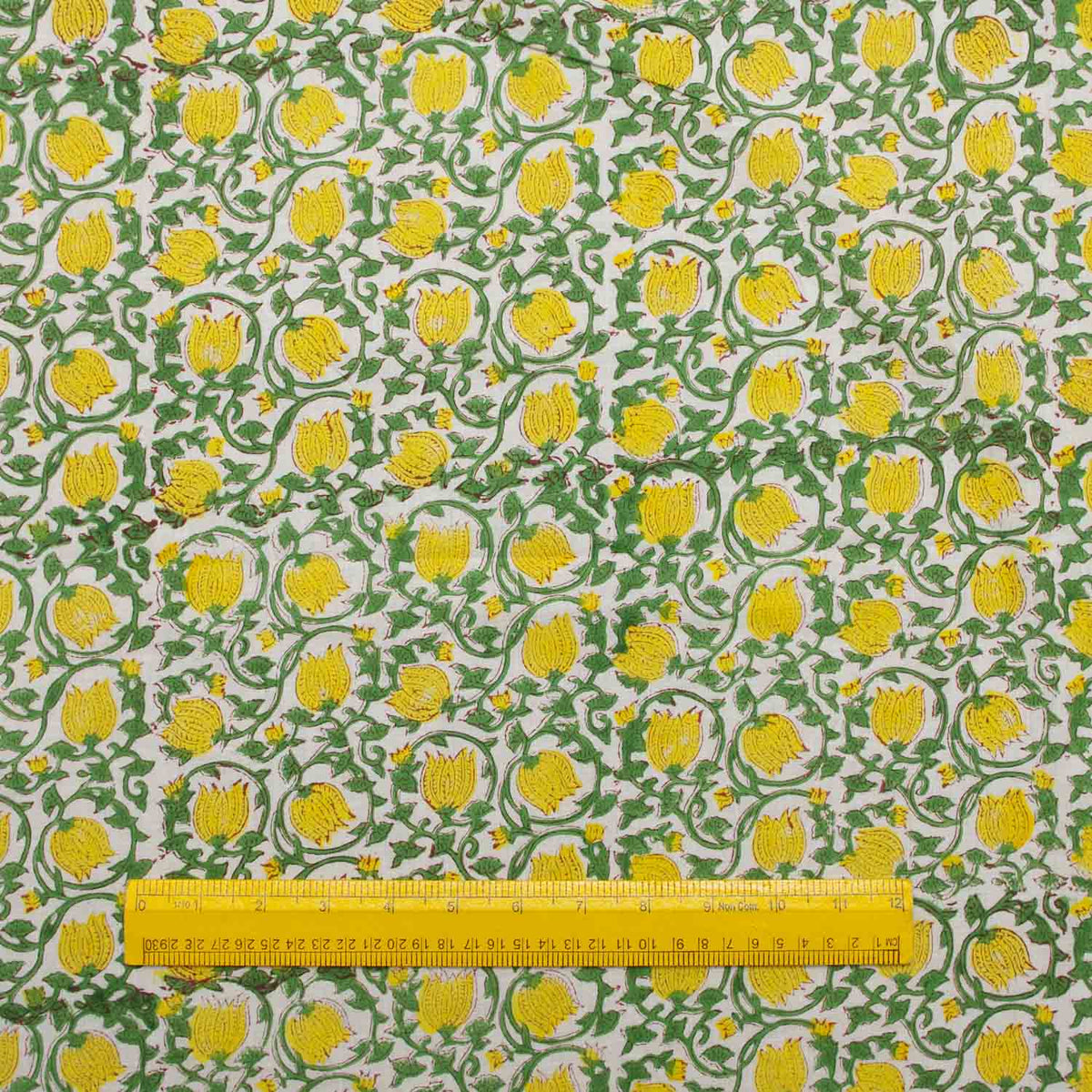Indian Hand Block Print Yellow Bells Pattern 100% Cotton Women Dress Fabric Design 214