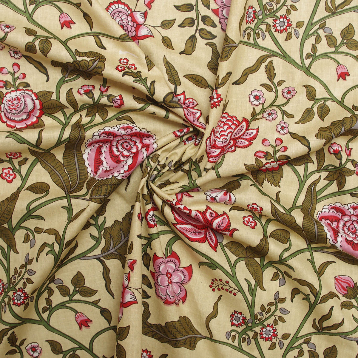 Hand Screen Printed Beige With Red Floral Print 100% Cotton Women Dress Fabric Design 220