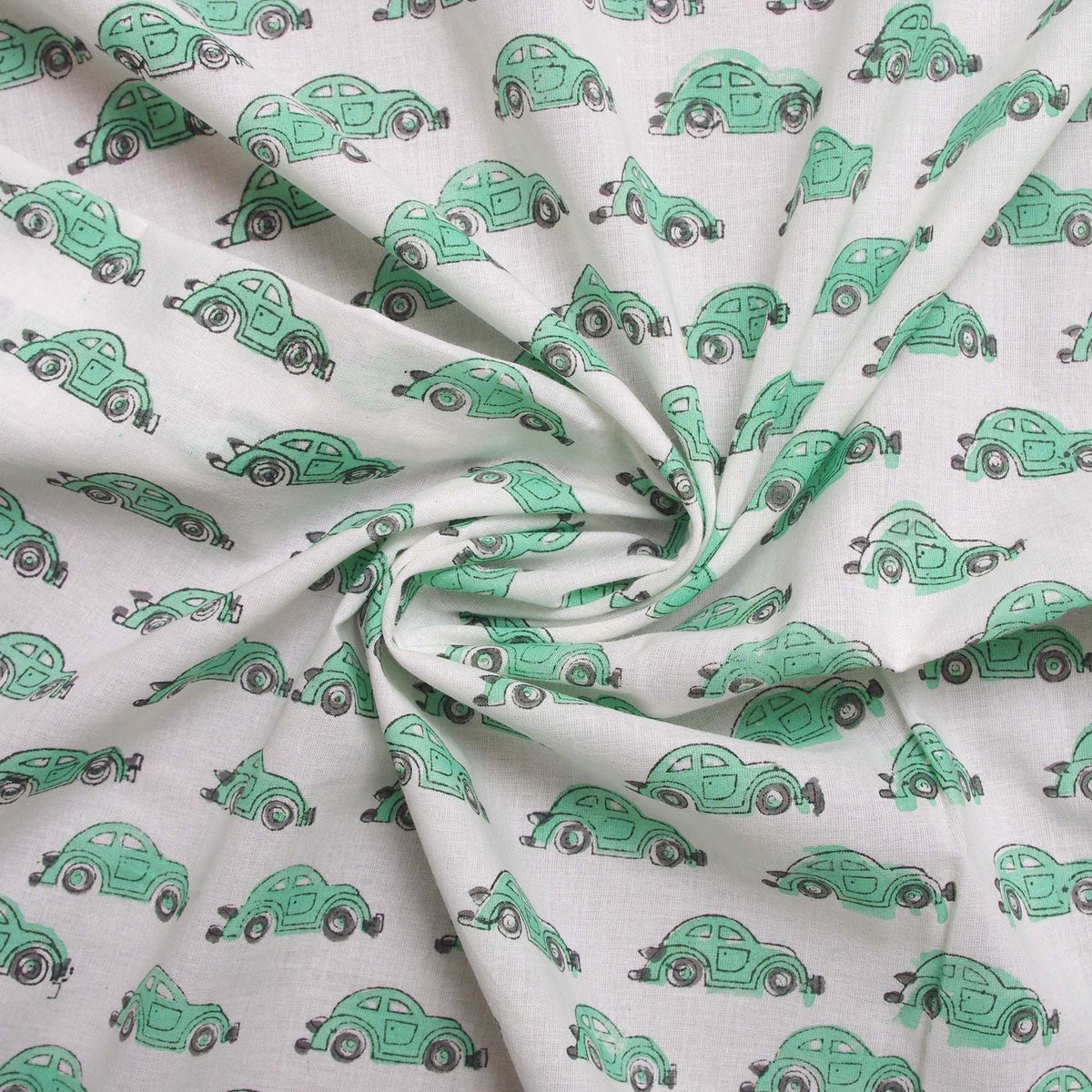 Indian Hand Block 100% Cotton Green Cars Pattern Fabric Design 238