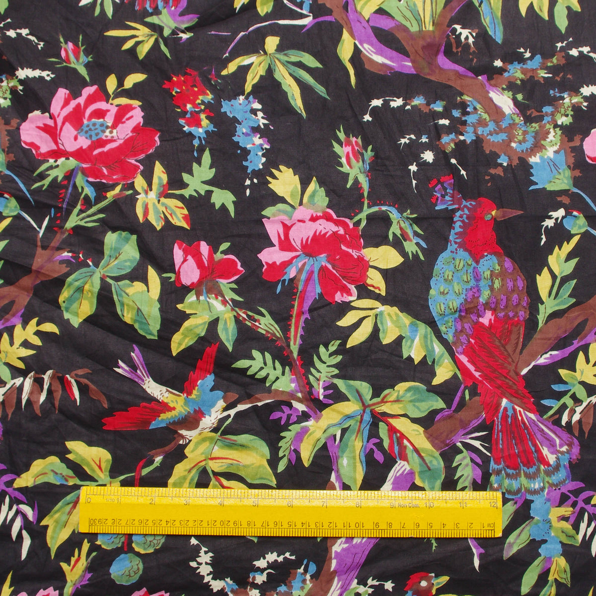 Handsiebdruck mit schwarzen tropischen Vögeln, 100 % Baumwolle, Damenkleid, Stoff, Design 254