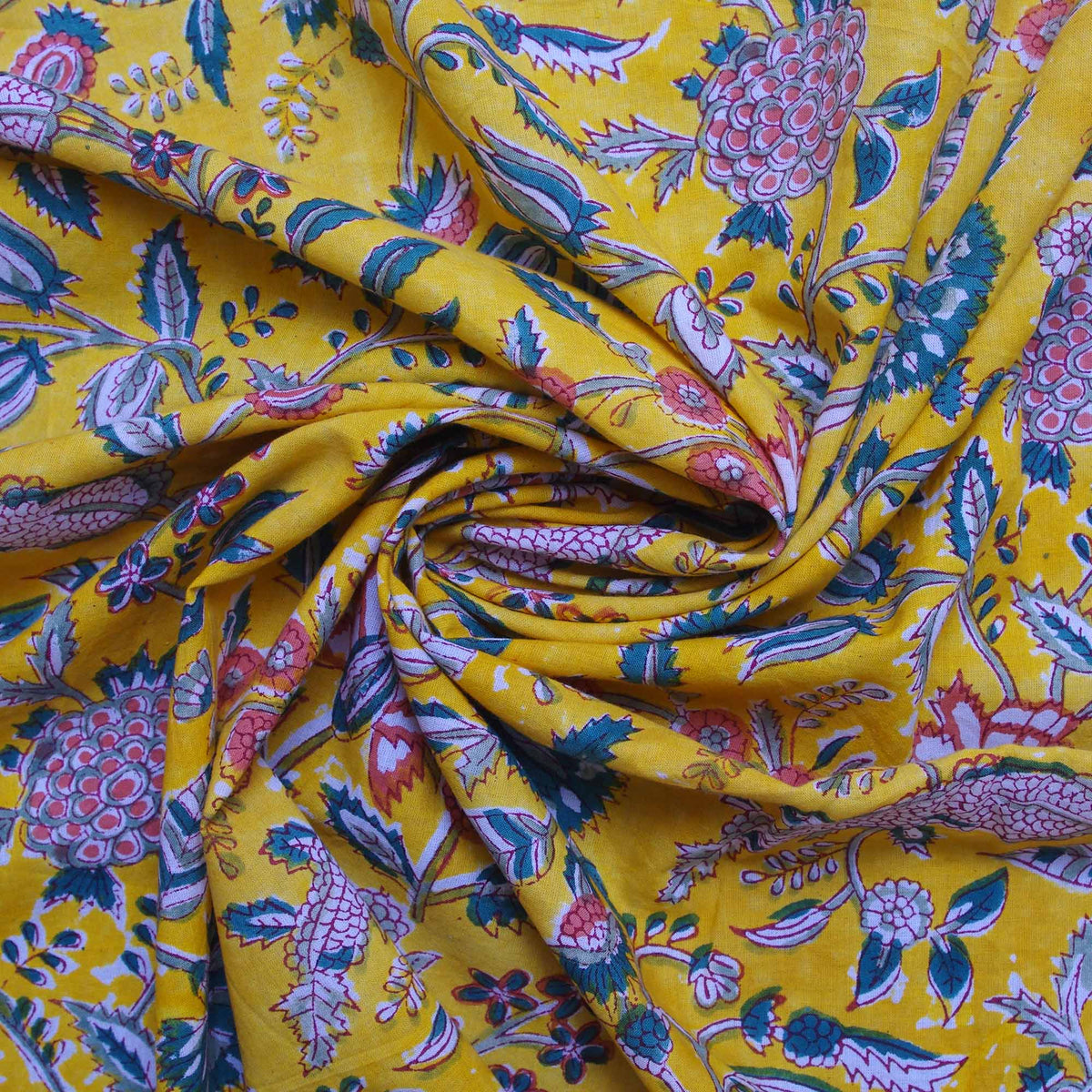 Block Printed 100% Cotton Women Dress Fabric Wild Flowers On Yellow Base Design 262