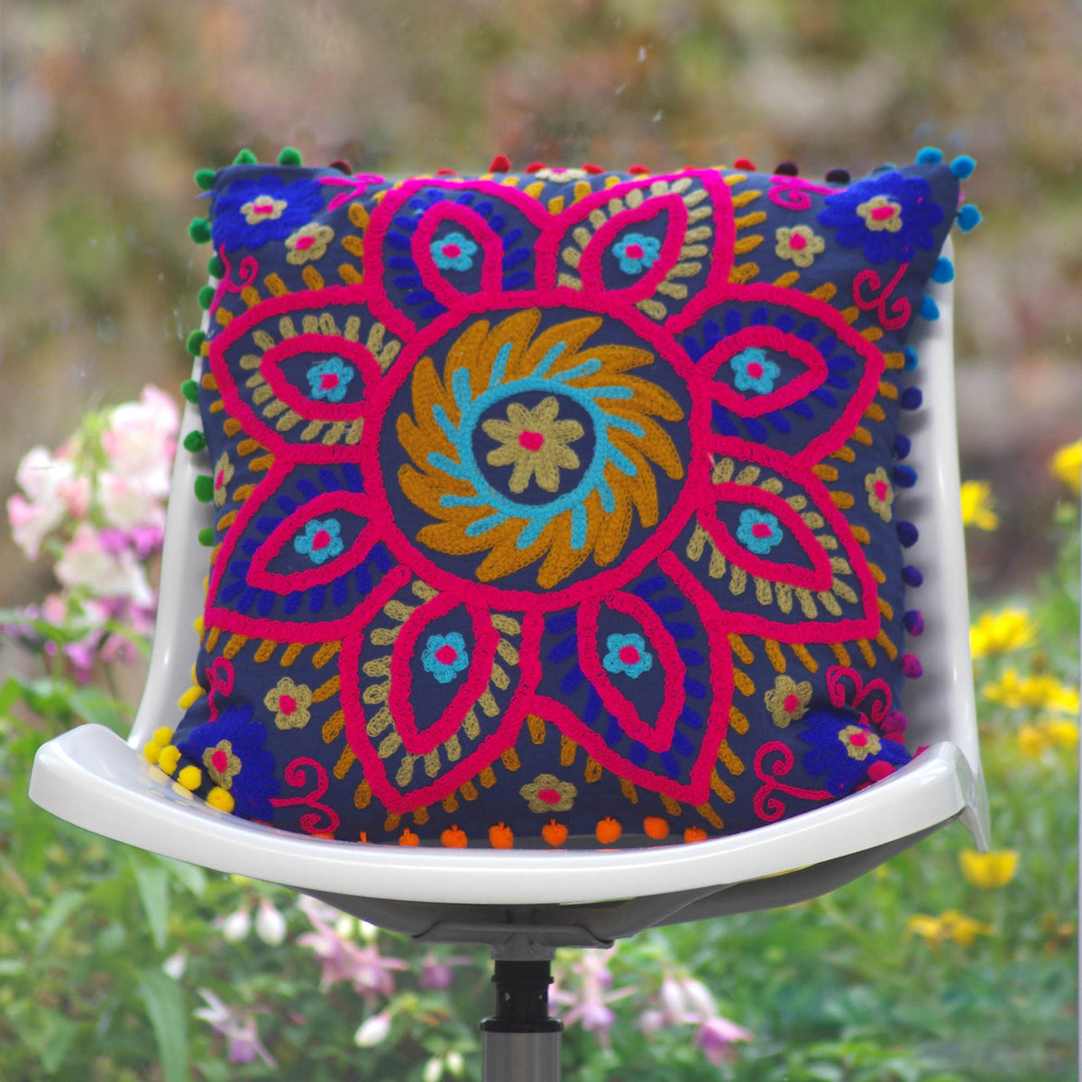 Decorative Suzani Floral Print & Woolen Embroidered Cotton Cushion Cover With Pom Pom- Blue