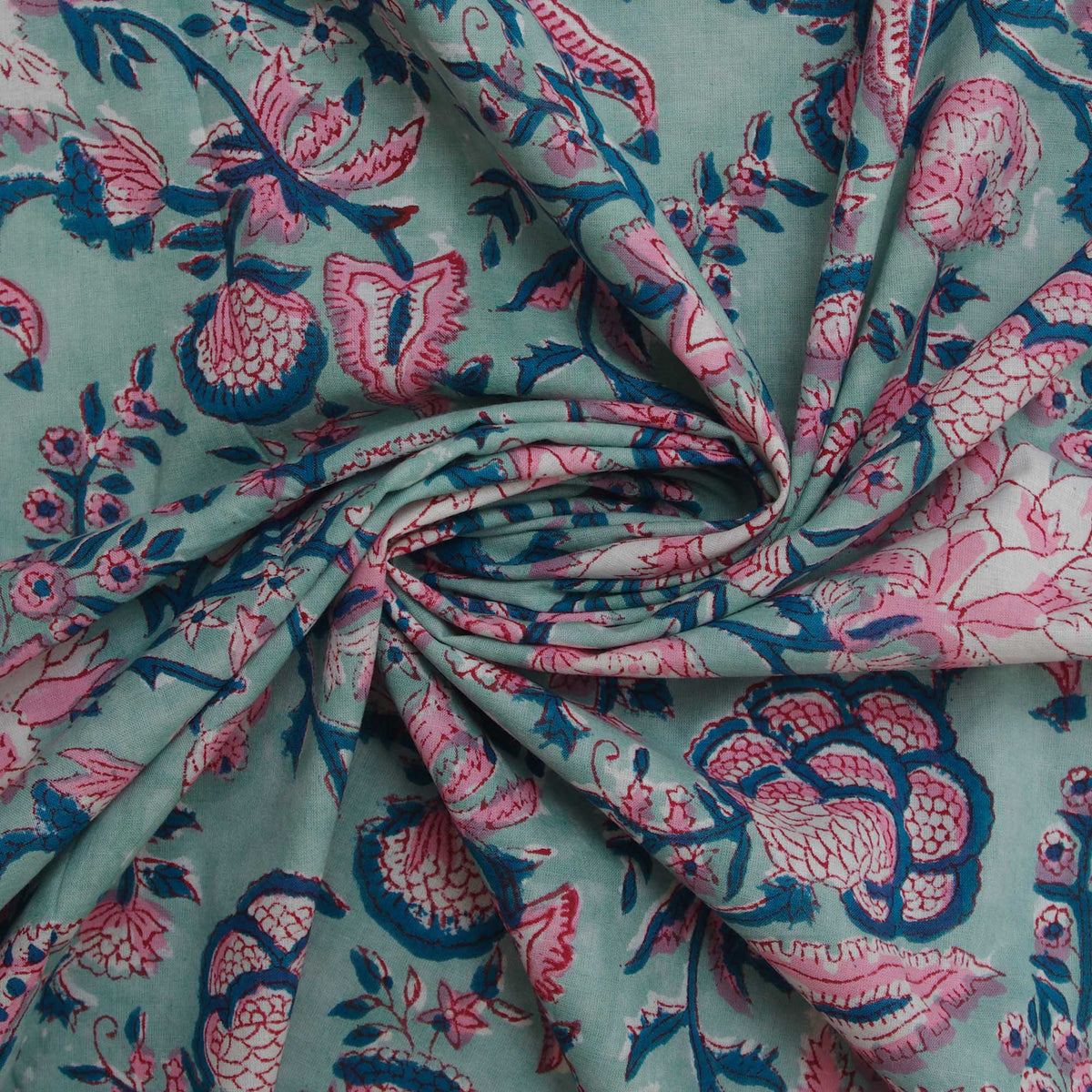Indian Hand Block 100% Cotton Wild Flowers On Mint Print Dress Fabric Design 284