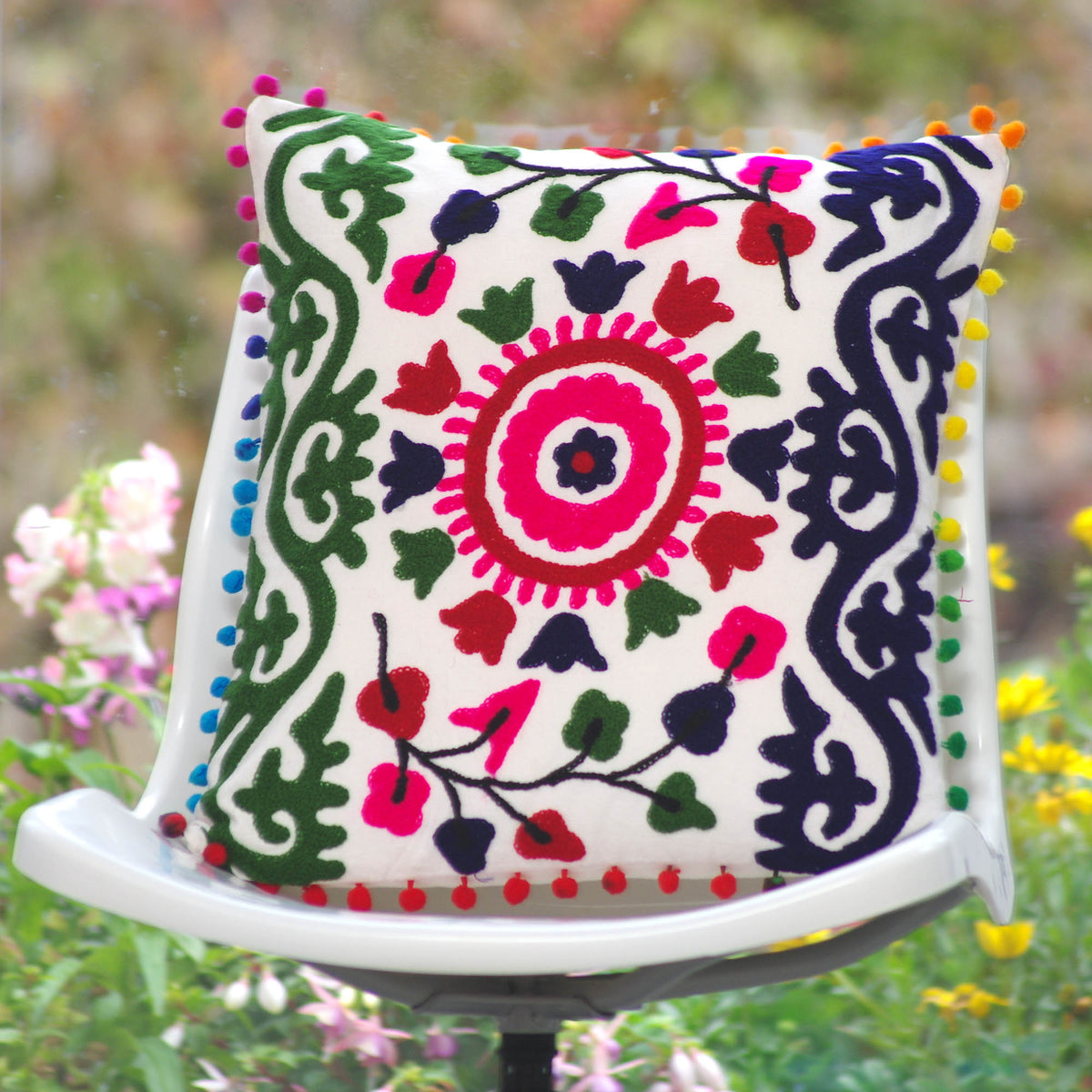 Decorative Suzani Floral Print & Woolen Embroidered Cotton Cushion Cover With Pom Pom
