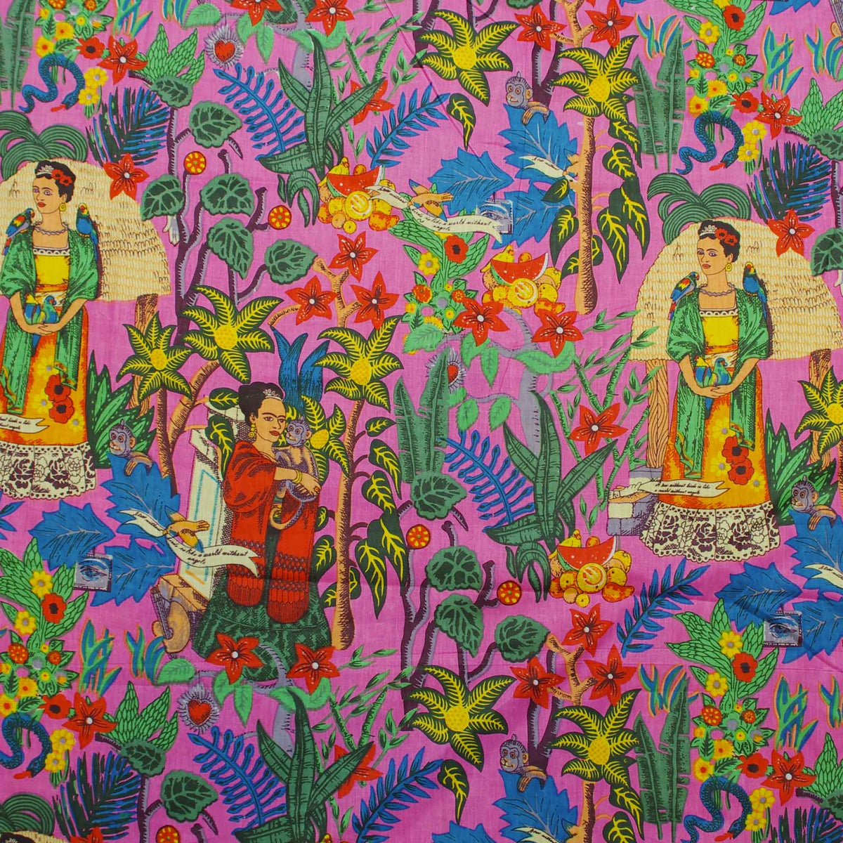 Pink Frida Kahlo Hand Screen Printed Cotton Fabric Design 296