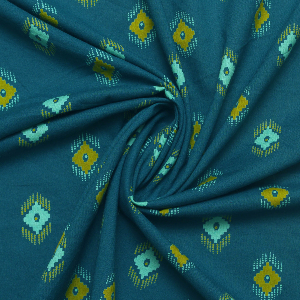 Teal Blue Hand Screen Printed Cotton Fabric Design 308