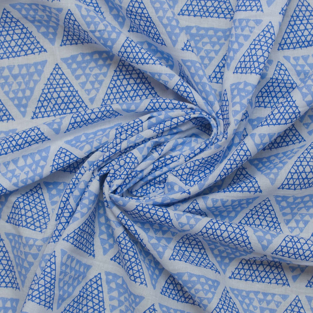 Blue & White Triangles Hand Screen Printed Cotton Fabric Design 309