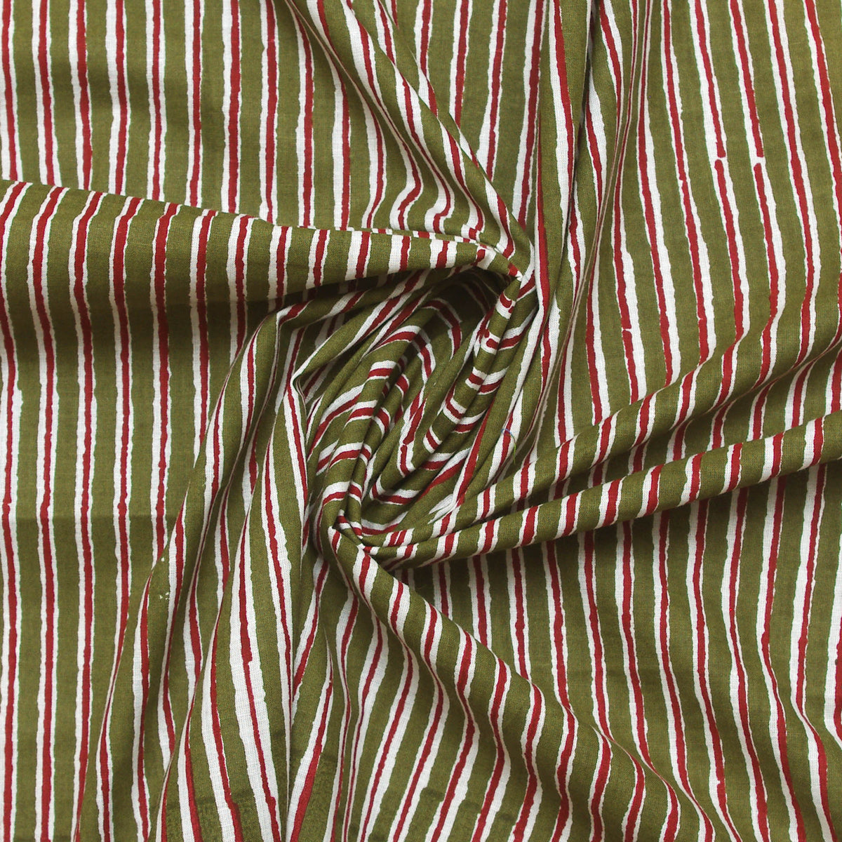 Moss Green Red Striped Hand Block Printed Cotton Fabric Design 313