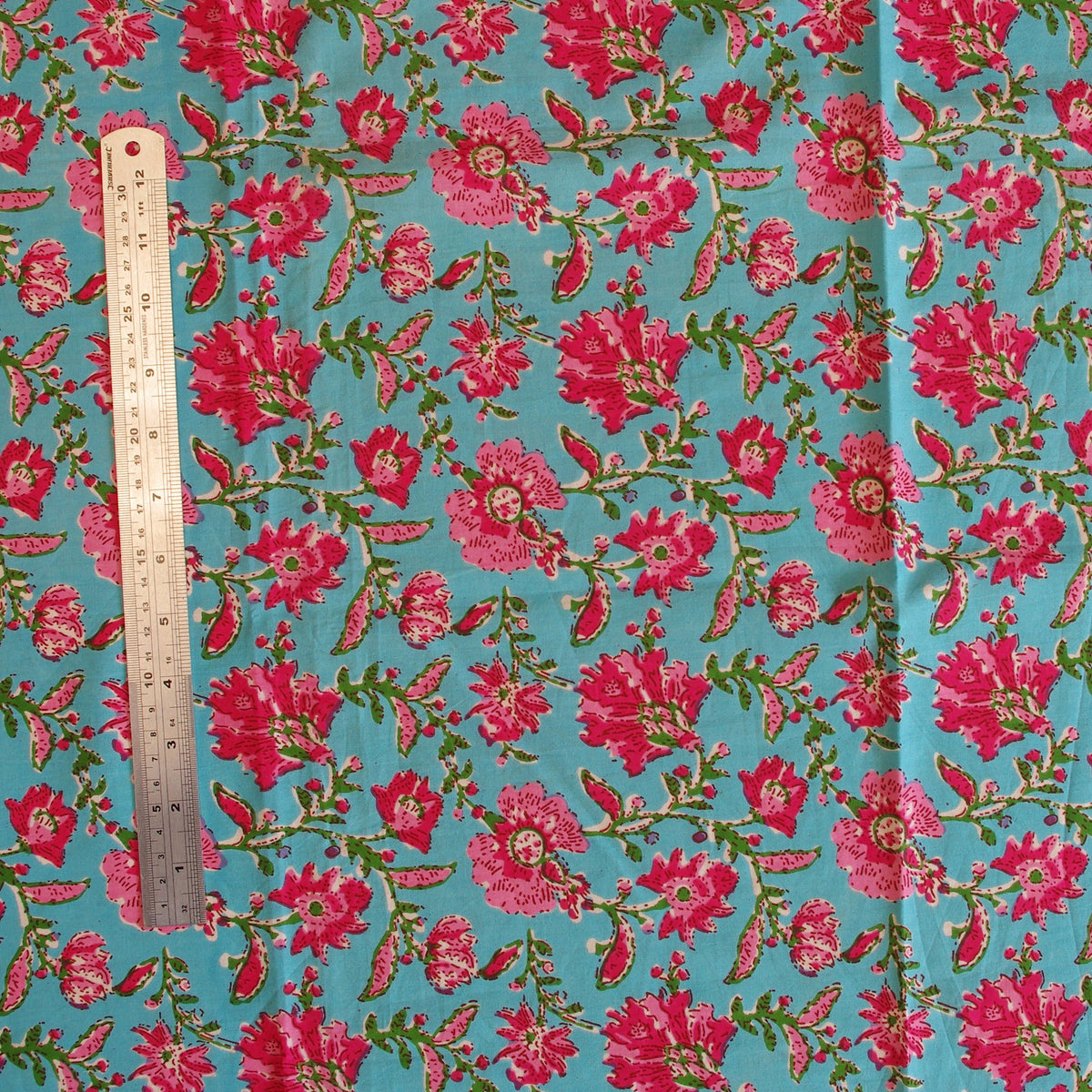 Indian Hand Block Print Turquoise Blue & Red Floral 100% Cotton Women Dress Fabric Design 32 - Kantha Decor