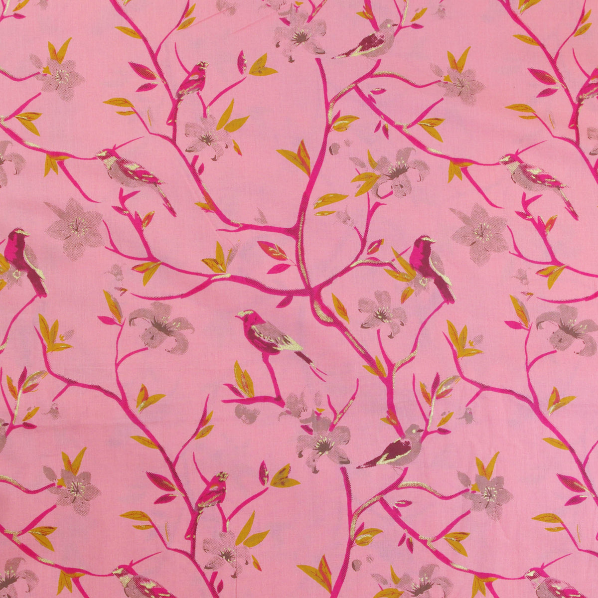 Golden Sparrow On Pink Base Hand Screen Printed Cotton Fabric Design 344