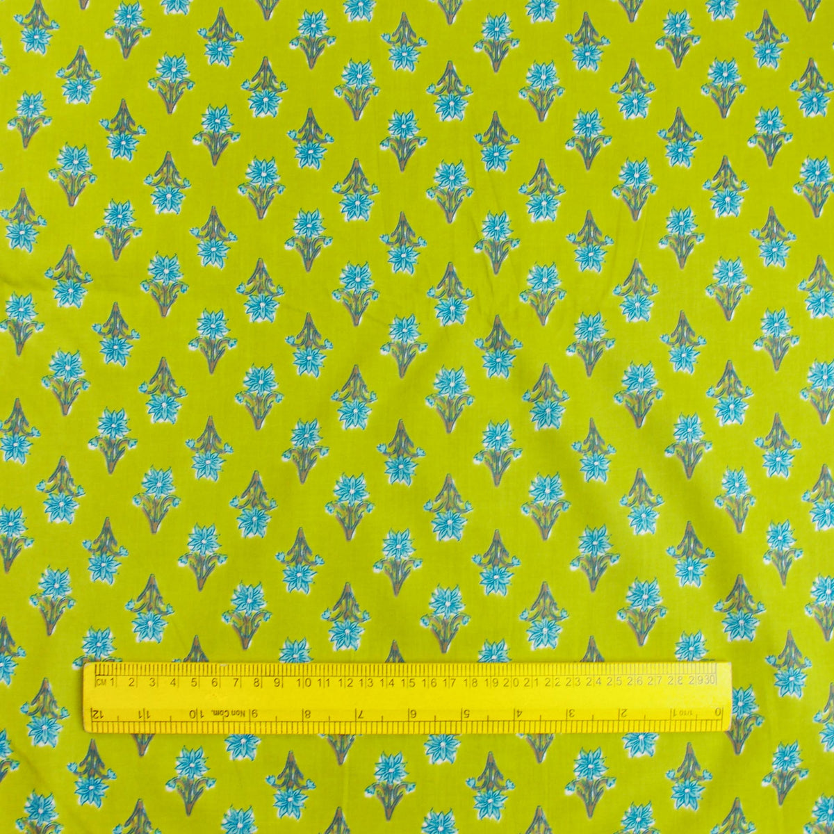 Small Blue Flowers On Green Hand Screen Printed Cotton Fabric Design 346