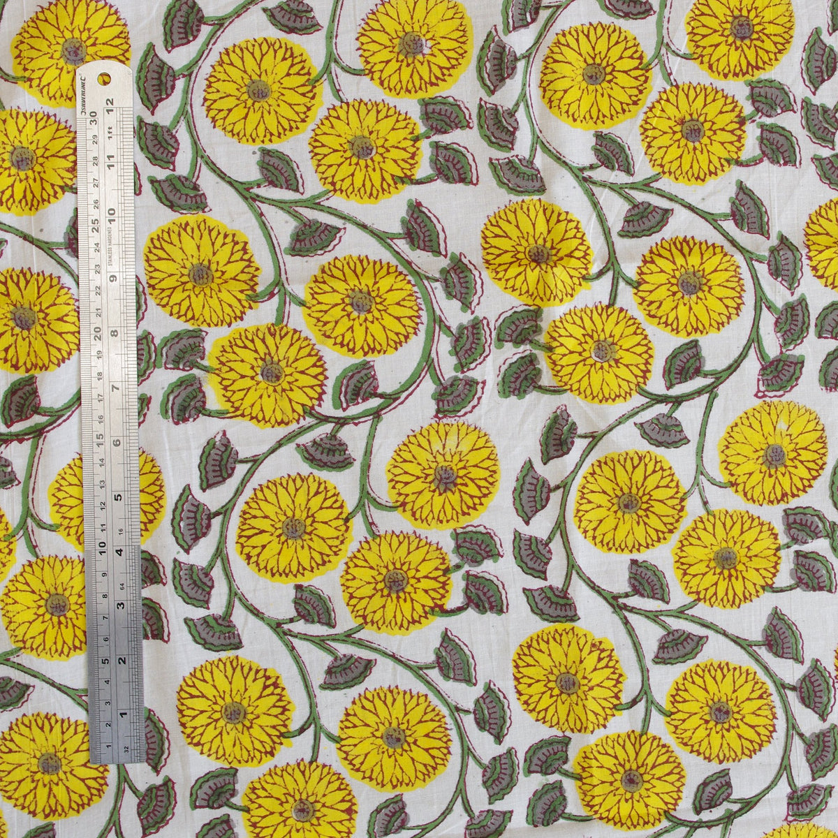 Indian Hand Block Print White & Yellow Floral 100% Cotton Women Dress Fabric Design 34 - Kantha Decor