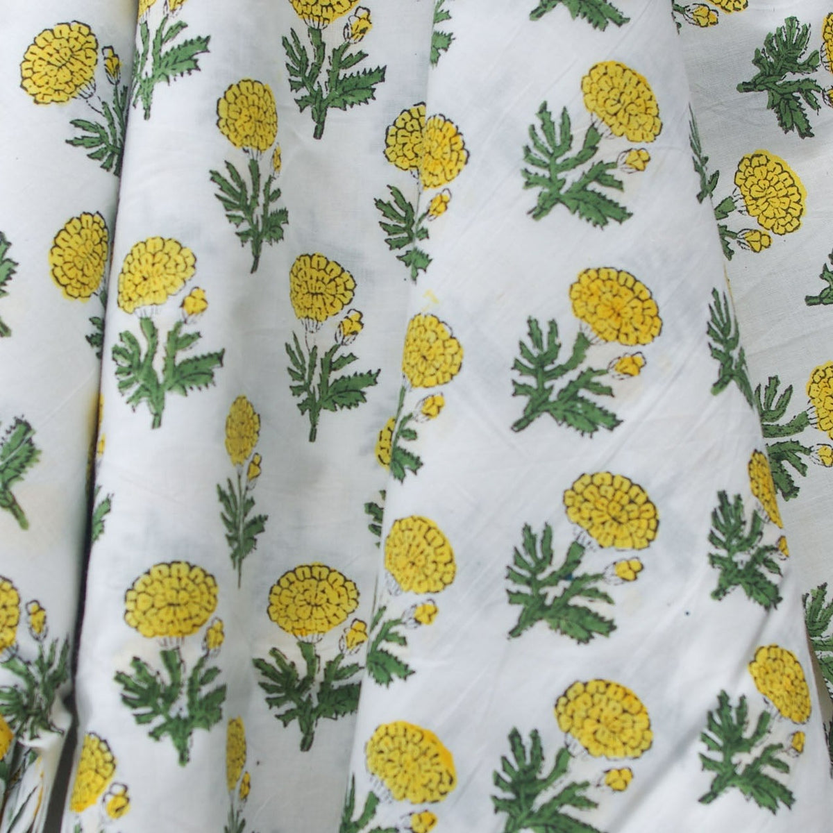 Indian Hand Block Print Yellow Marigold Flowers 100% Cotton Fabric Design 355
