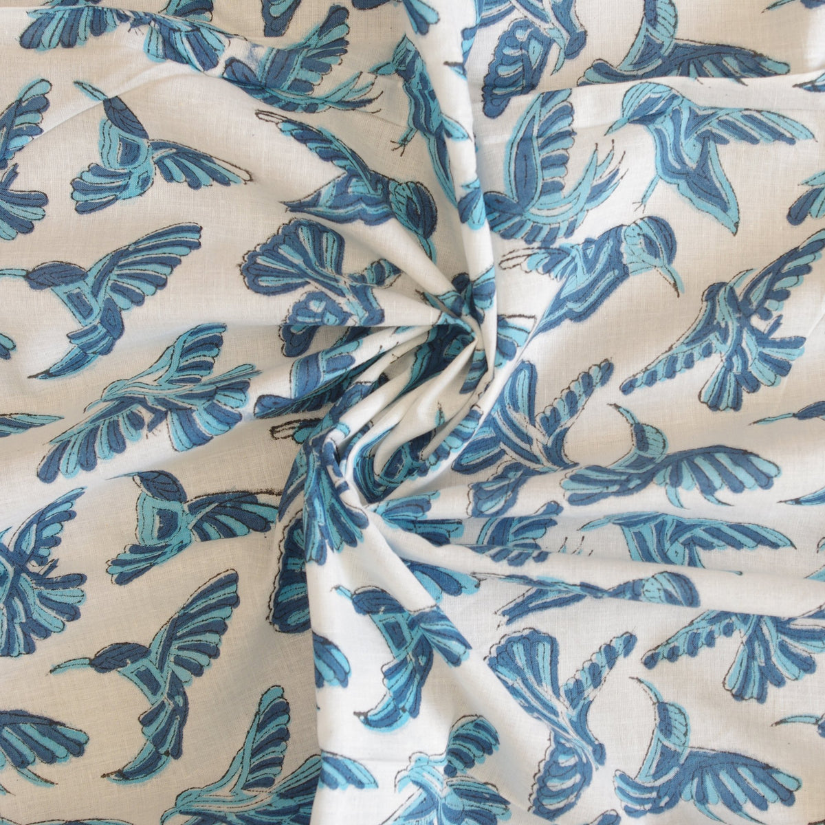 Indian Hand Block Print White Blue Bird 100% Cotton Women Dress Fabric Design 35 - Kantha Decor