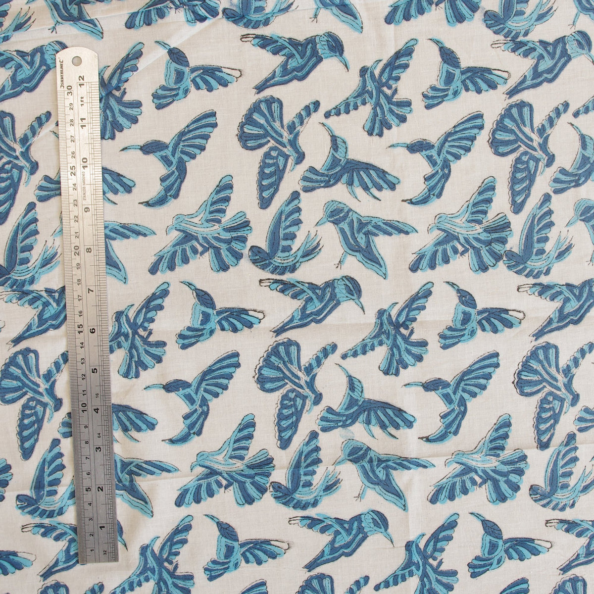 Indian Hand Block Print White Blue Bird 100% Cotton Women Dress Fabric Design 35 - Kantha Decor