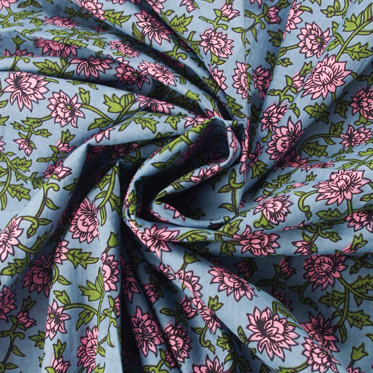 Hand Screen Printed 100% Cotton Fabric -Pink Floral Jaal On Blue (Design 369)