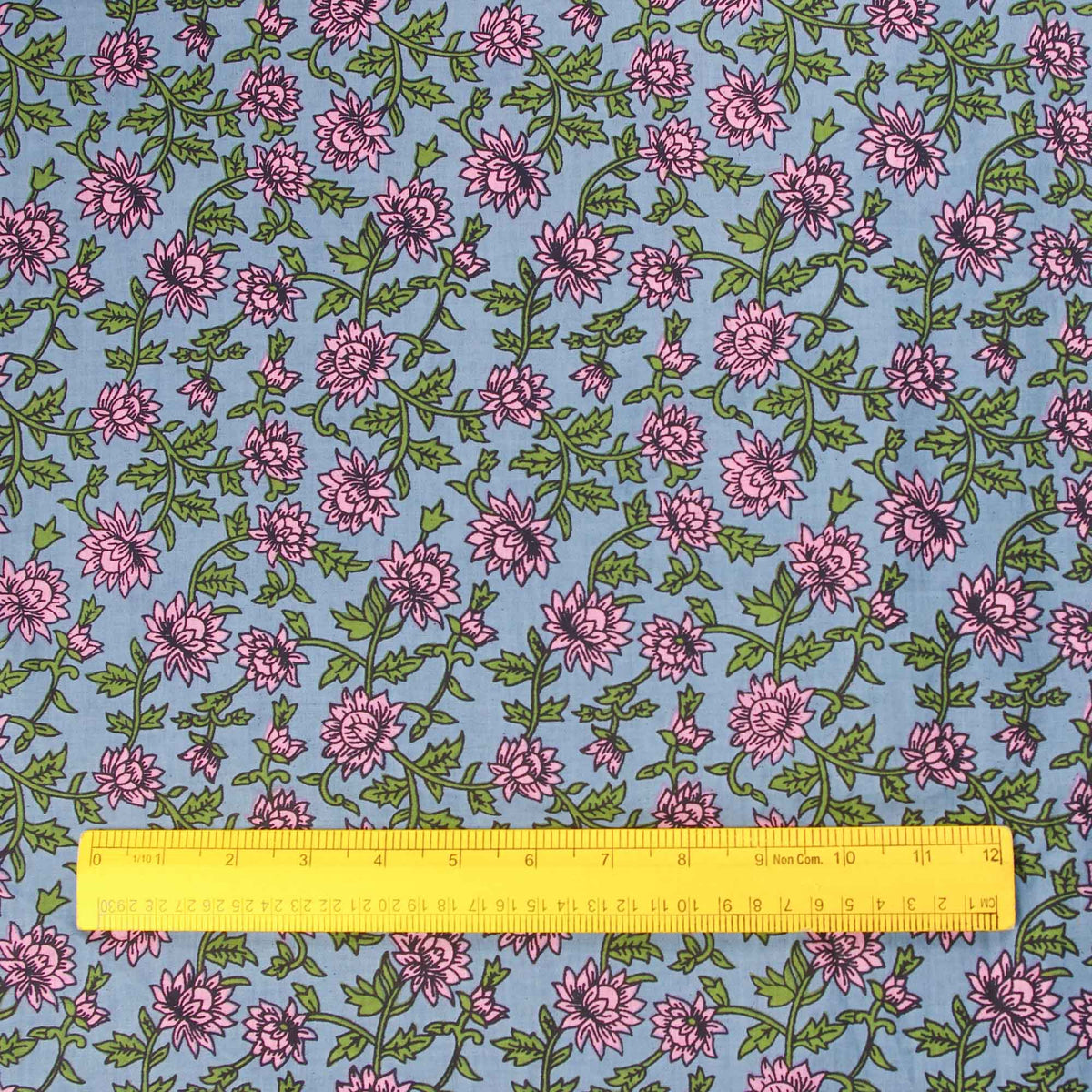 Hand Screen Printed 100% Cotton Fabric -Pink Floral Jaal On Blue (Design 369)