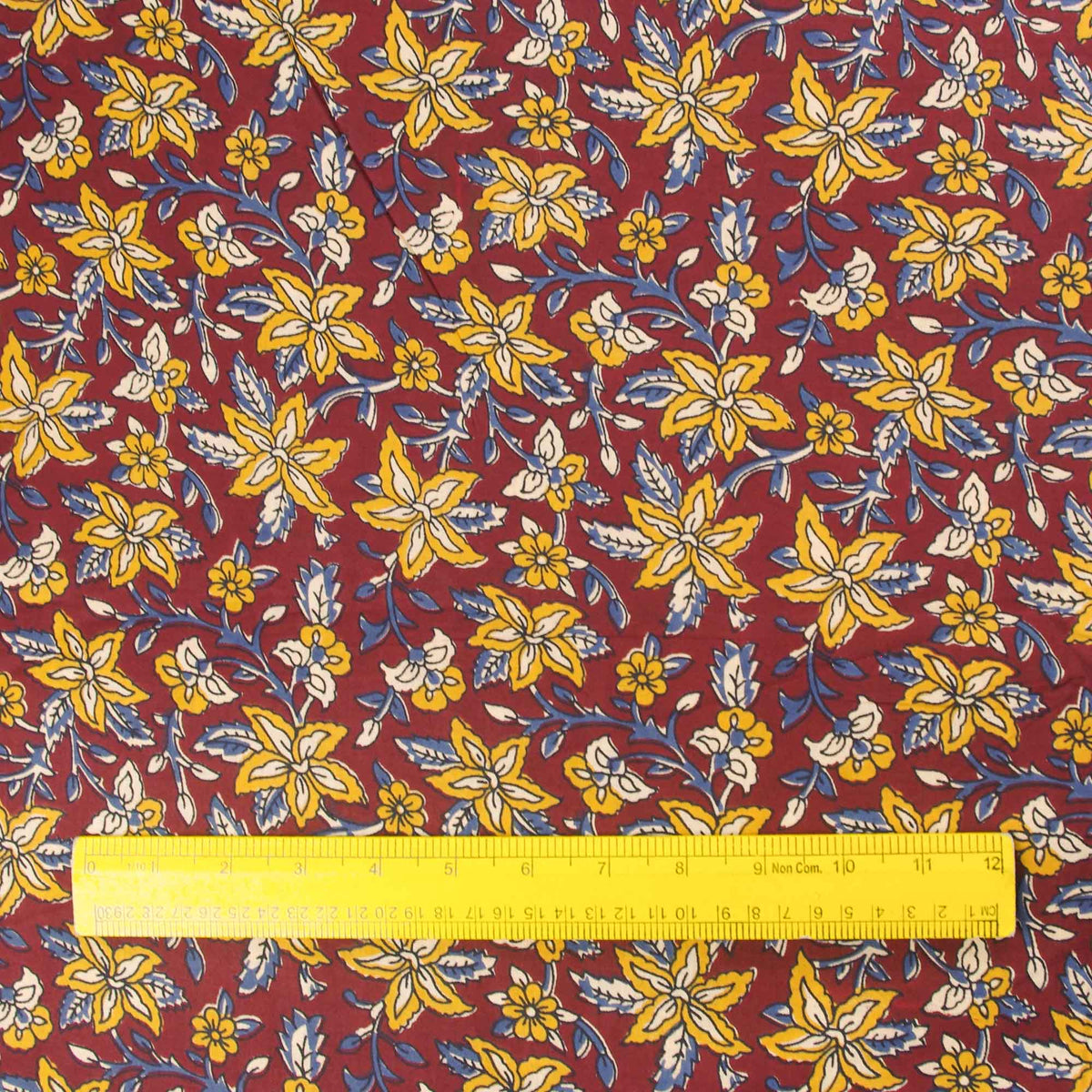 Hand Screen Printed 100% Cotton Fabric -Yellow Flowers On Brown (Design 370)