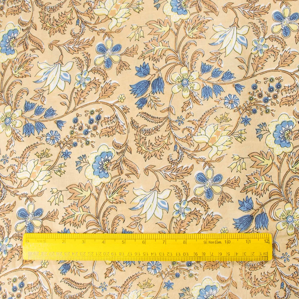 Hand Screen Printed 100% Cotton Fabric - Beige & Blue Floral Jaal (Design 372)
