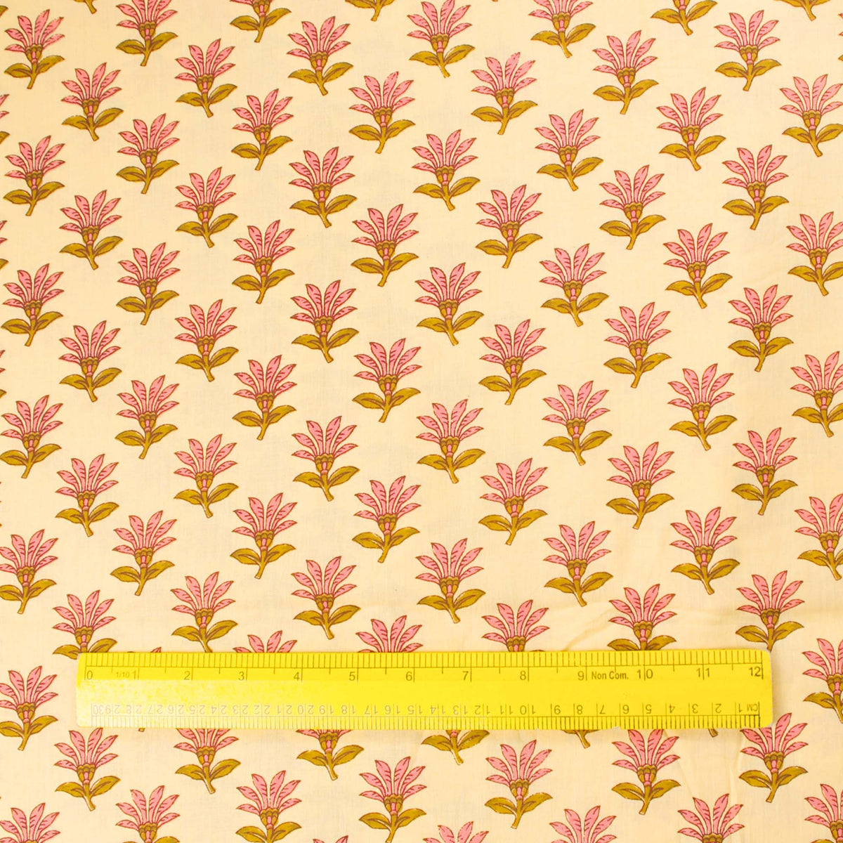 Hand Screen Printed 100% Cotton Fabric - Pink Floral Buti On Beige (Design 373)