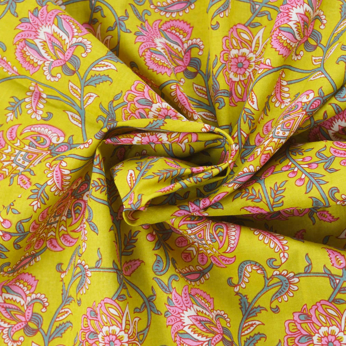 Hand Screen Printed 100% Cotton Fabric - Pink Carnation On Green (Design 377)