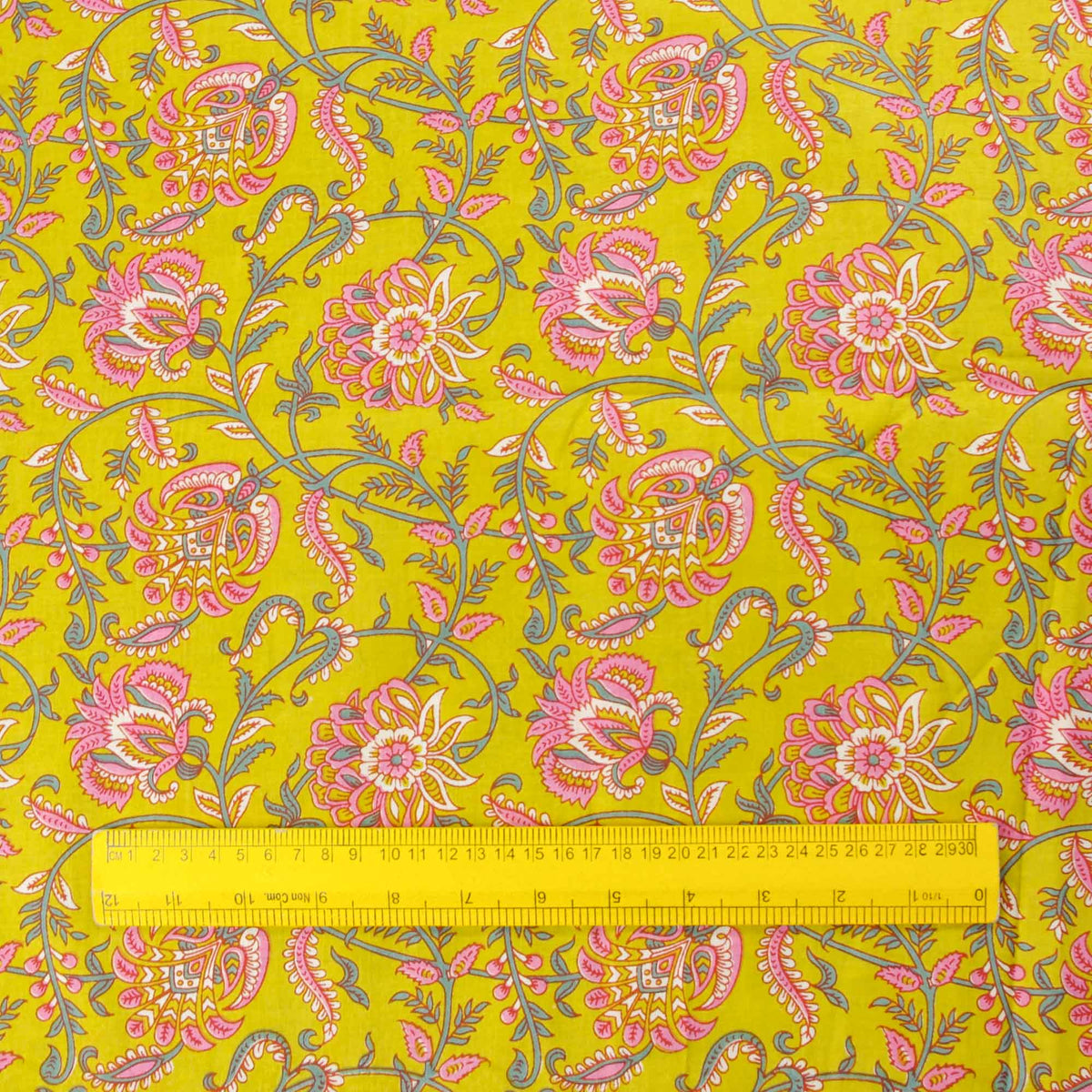 Hand Screen Printed 100% Cotton Fabric - Pink Carnation On Green (Design 377)