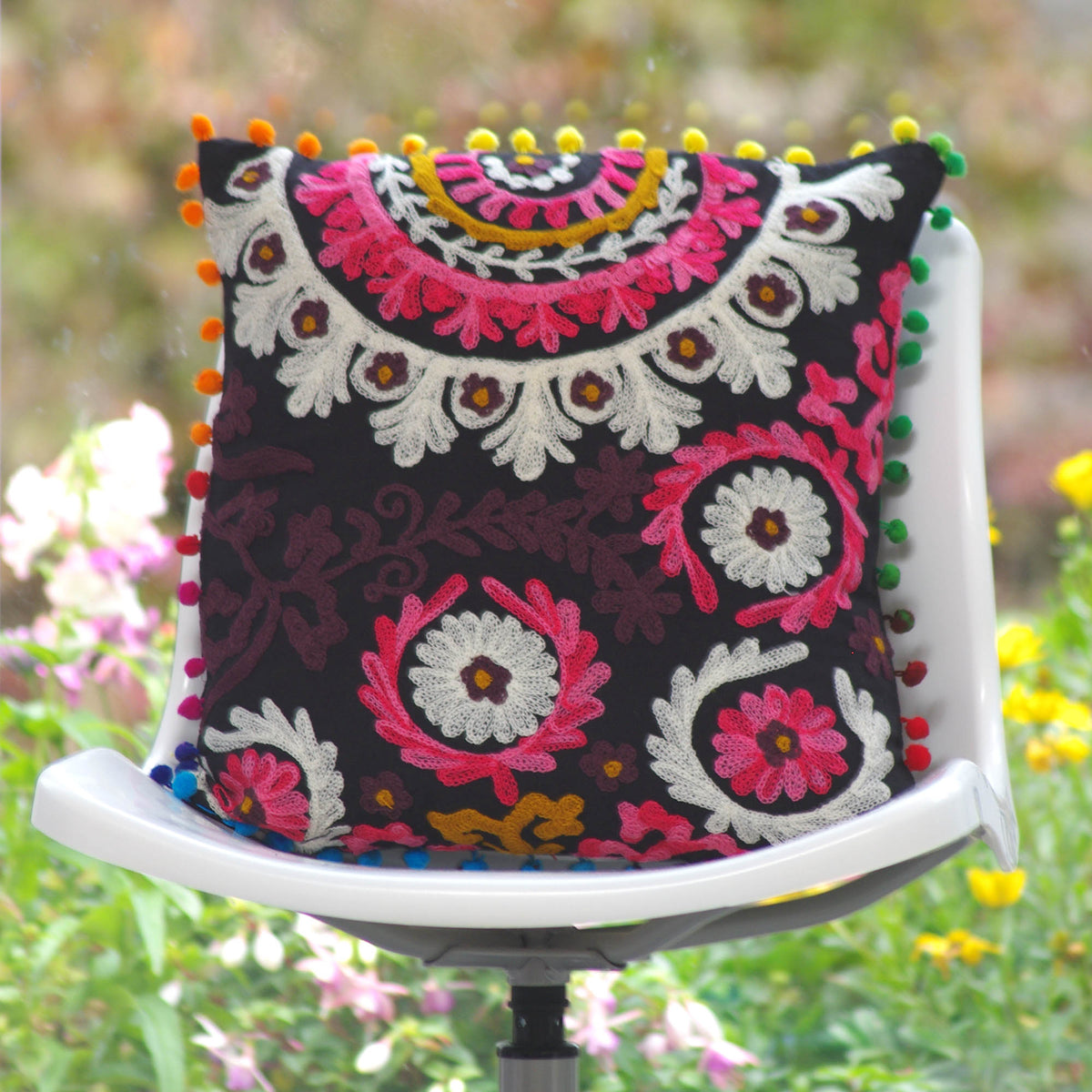 Decorative Suzani Floral Print & Woolen Embroidered Cotton Cushion Cover With Pom Pom- Black White