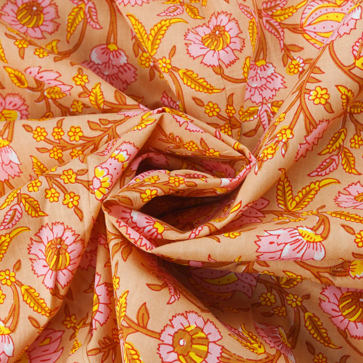 Handsiebbedruckter Stoff aus 100 % Baumwolle – rosa &amp; gelbe Blumen (Design 380)