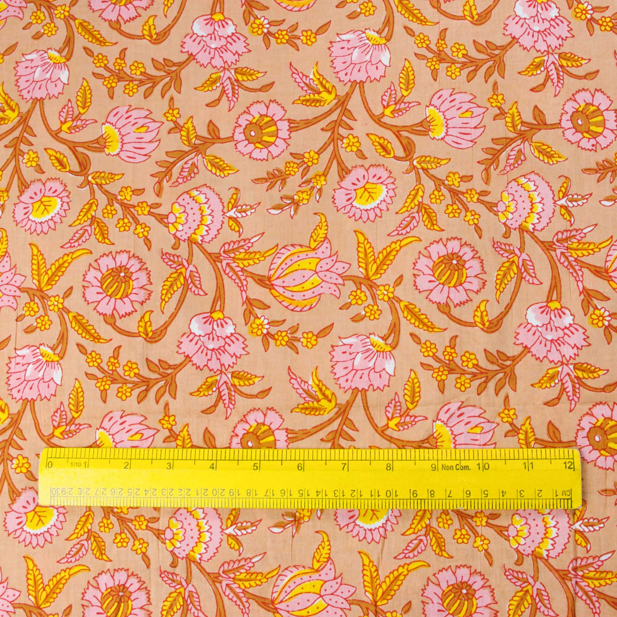 Hand Screen Printed 100% Cotton Fabric - Pink & Yellow Flowers (Design 380)