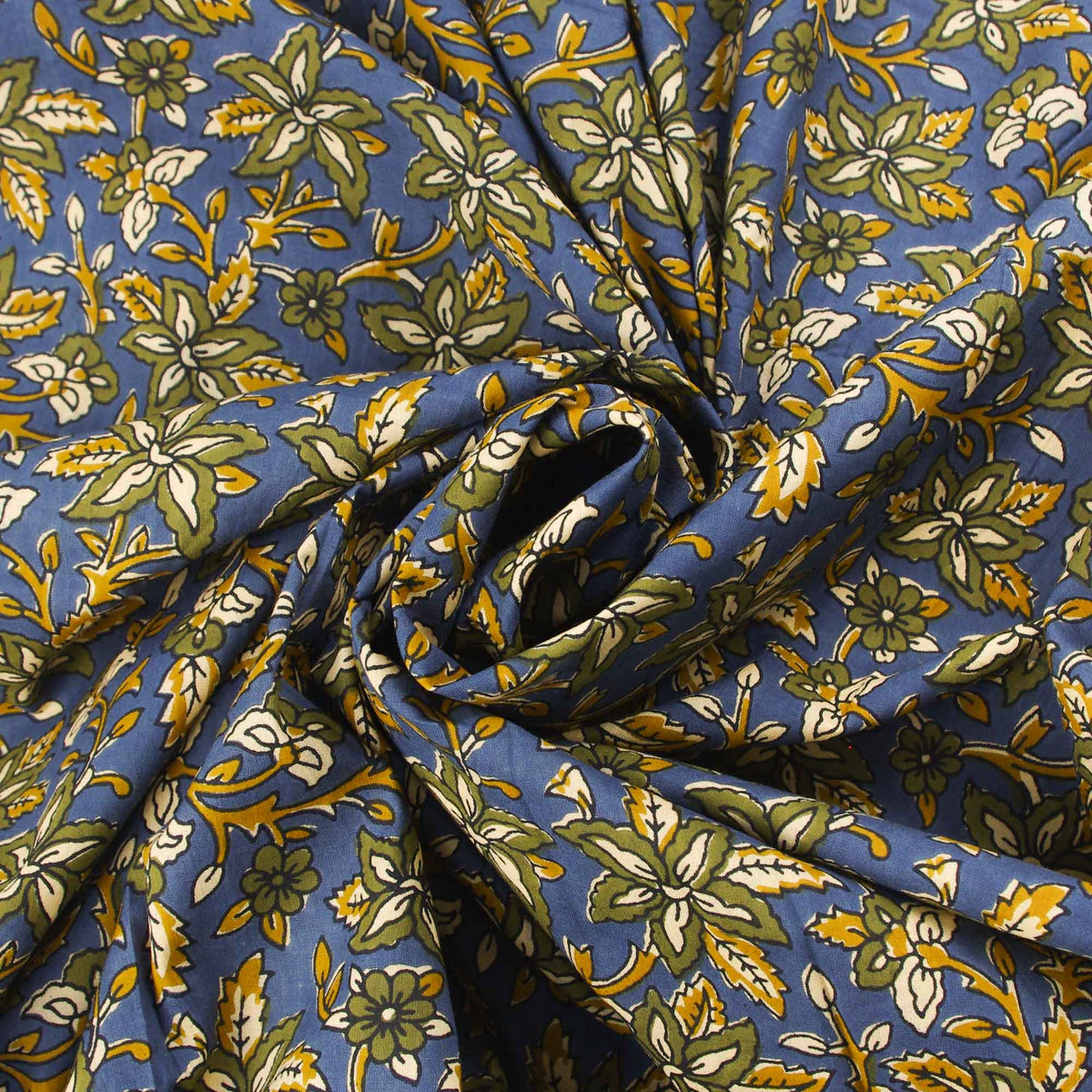 Hand Screen Printed 100% Cotton Fabric - Heena Flowers On Greyish Blue (Design 383)