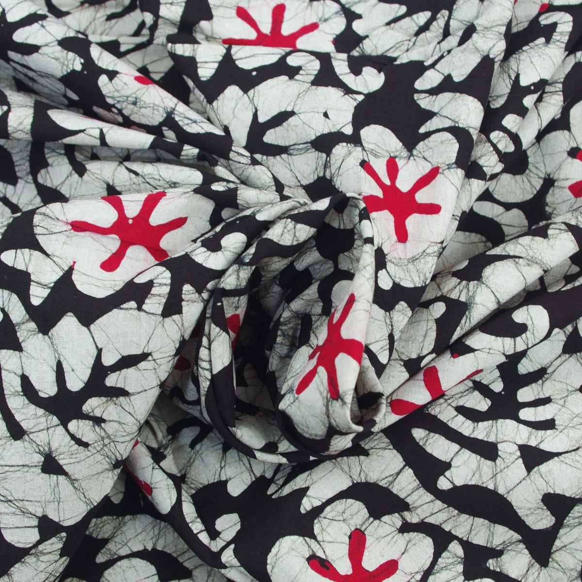 Batik Hand Printed Pure Cotton Fabric - Black & Red Floral