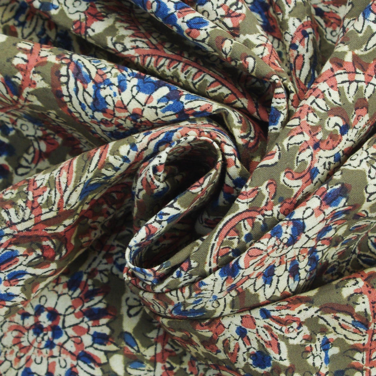 Kalamkari Olive Green Floral Jaal Hand Block Printed Upholstery Fabric -Design 407