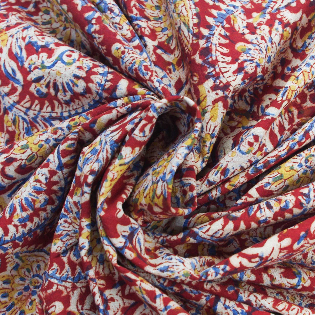 Kalamkari Red Yellow Floral Jaal Hand Block Printed Upholstery Fabric -Design 410
