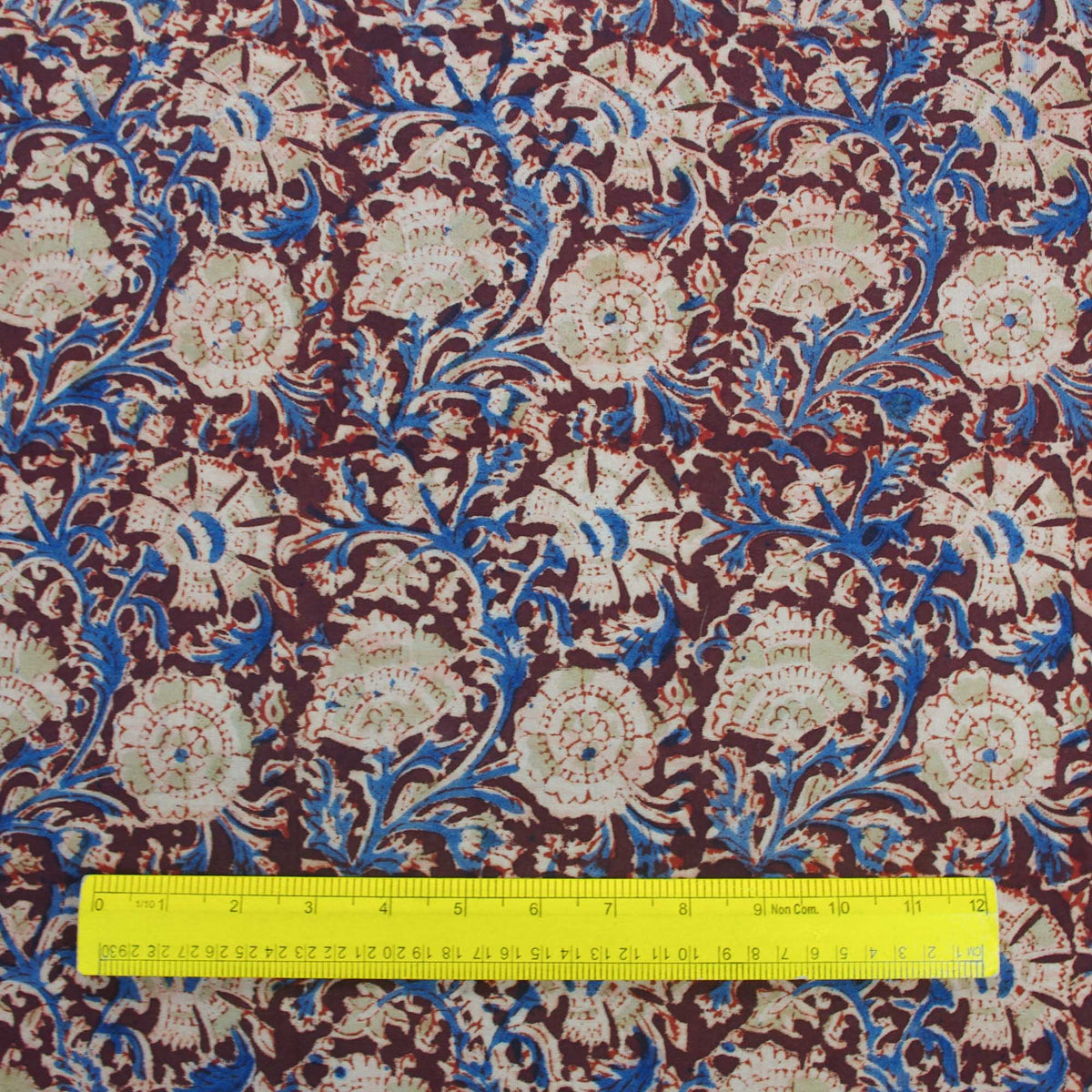 Kalamkari Brown Blue Floral Hand Block Printed Upholstery Fabric -Design 412