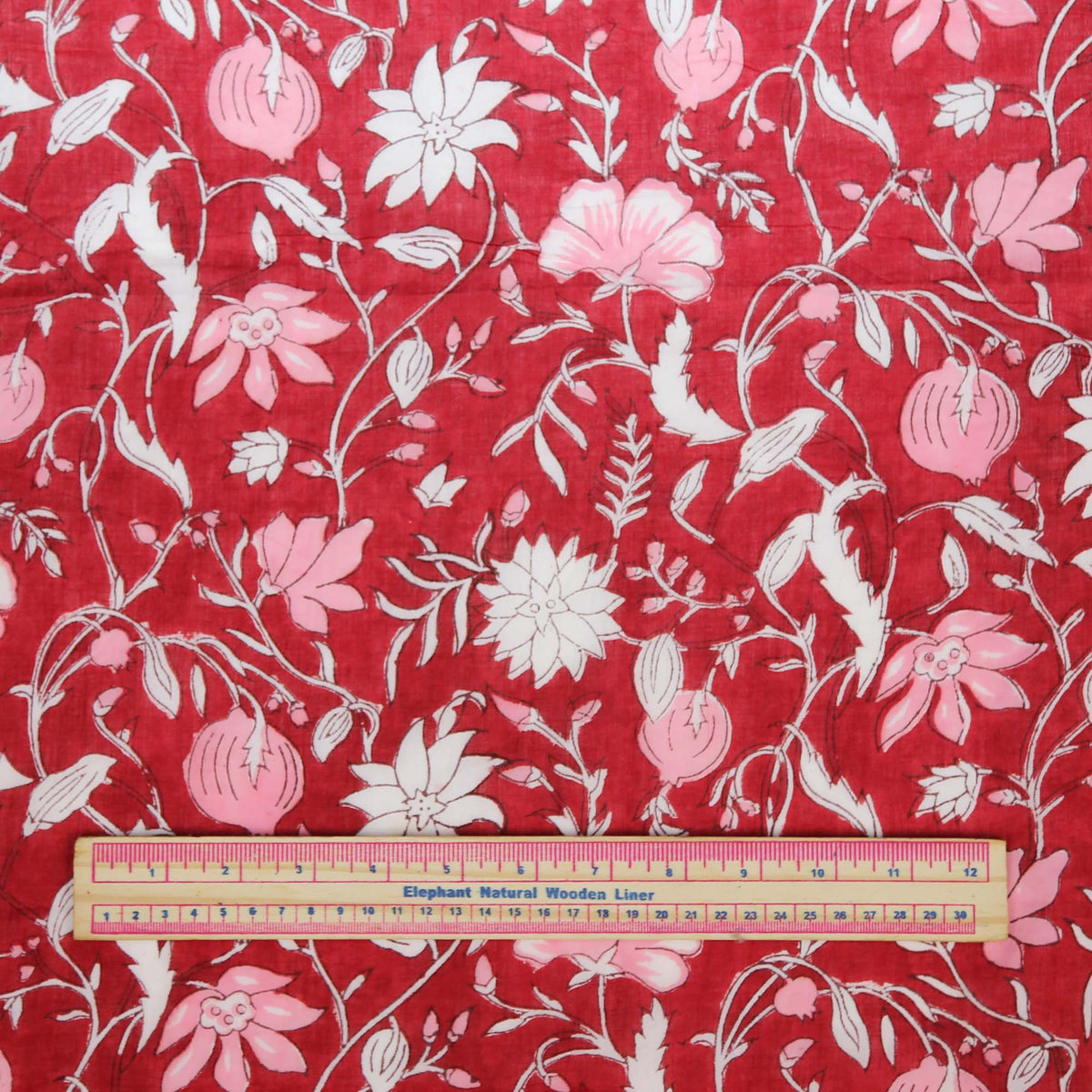 Indian Hand Block 100% Cotton Voile Pink Flemingo Flowers On Red Women Dress Fabric Design 455