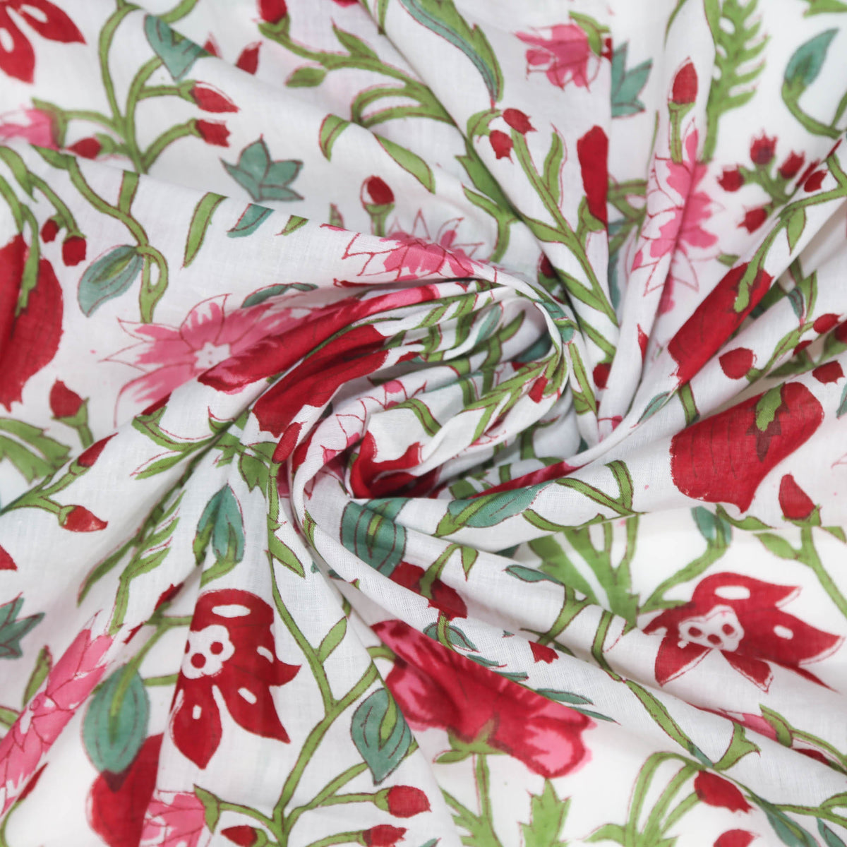 Indian Hand Block 100% Cotton Red Flemingo Flowers On White Women Dress Fabric Design 456