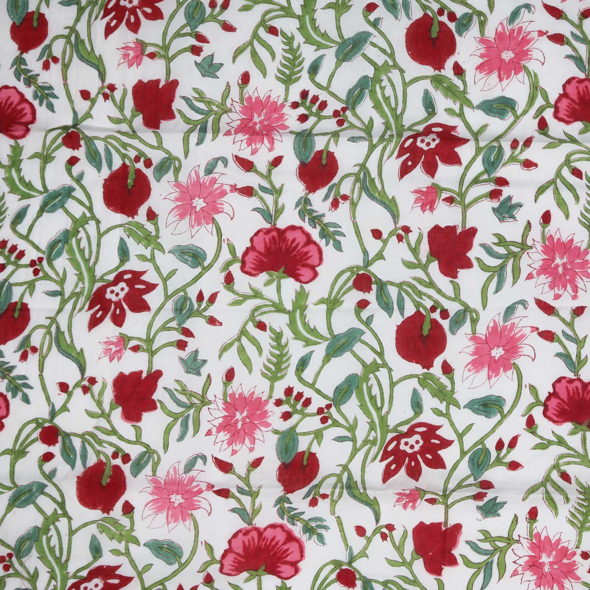 Indian Hand Block 100% Cotton Voile Red Flemingo Flowers On White Women Dress Fabric Design 456