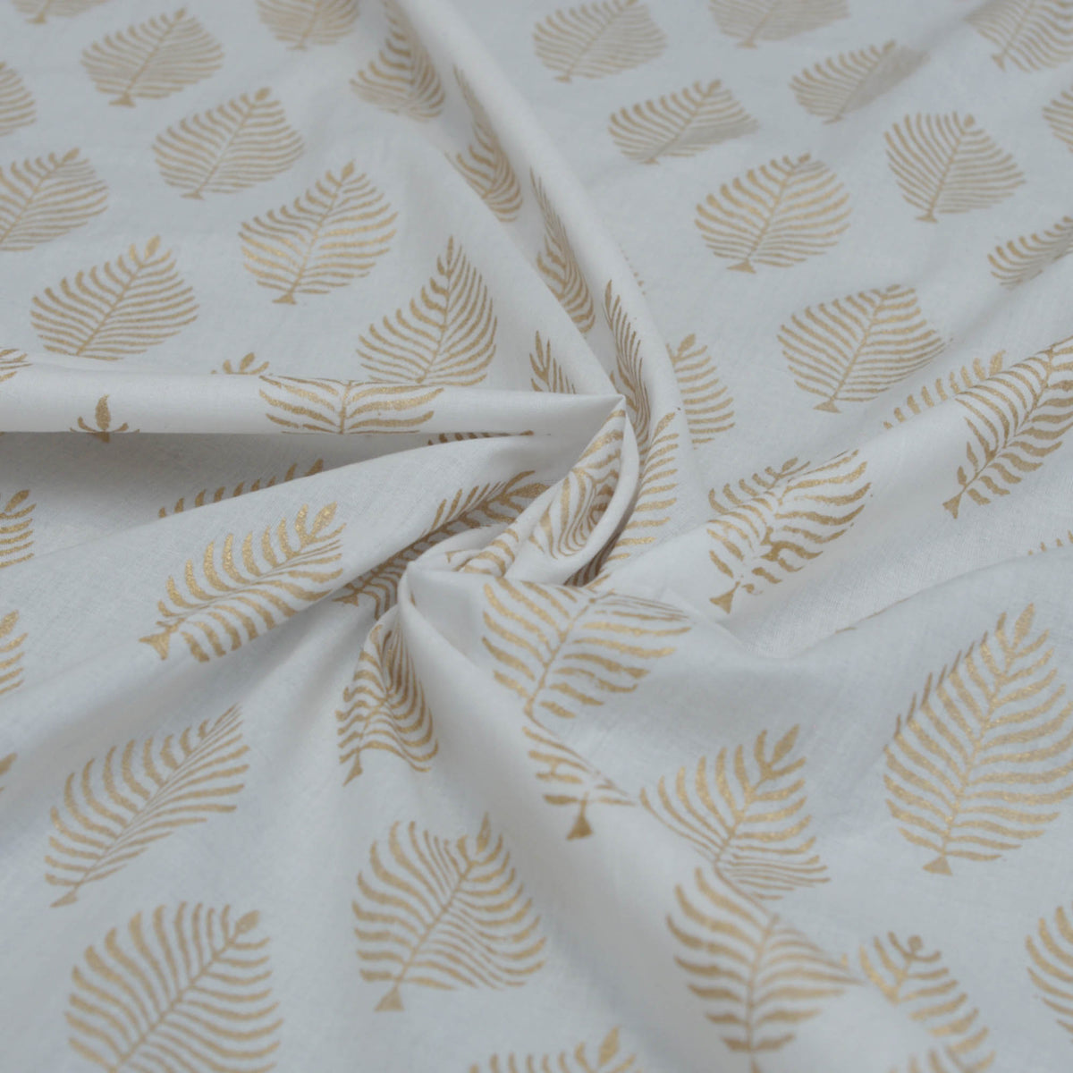 Indian Hand Block Print White Gold Winter Leaf 100% Cotton Women Dress Fabric Design 45