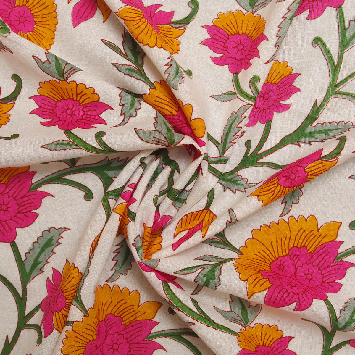Indian Hand Block Print Pearl White Pink Yellow Floral 100% Cotton Women Dress Fabric Design 50