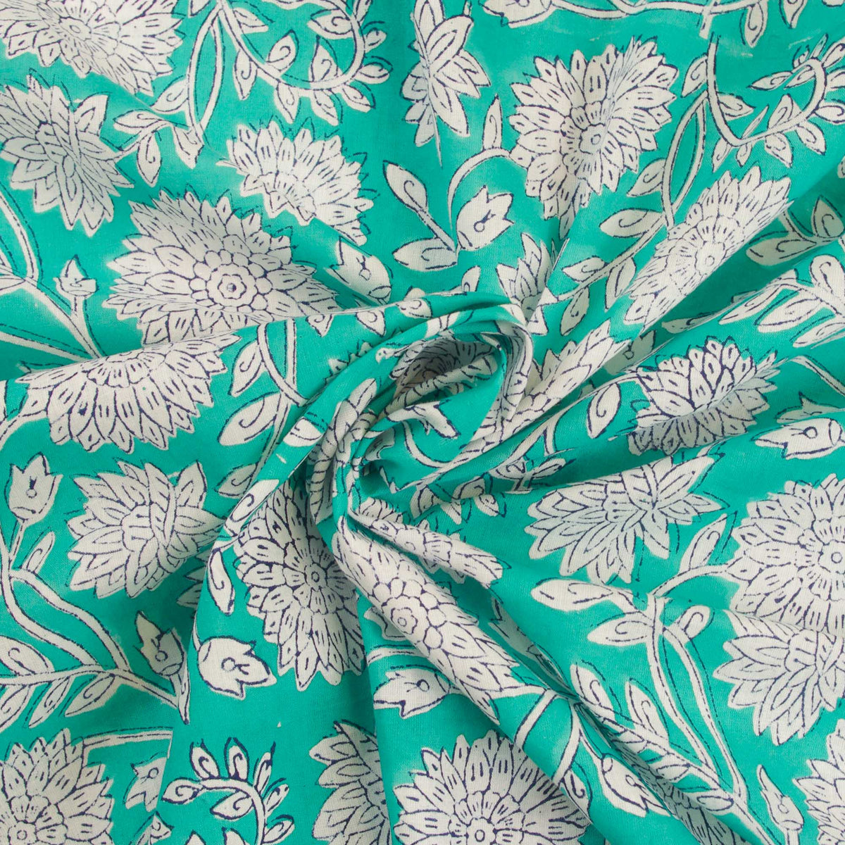 Indian Hand Block Printed Turquoise Green Floral 100% Cotton Women Dress Fabric Design 63