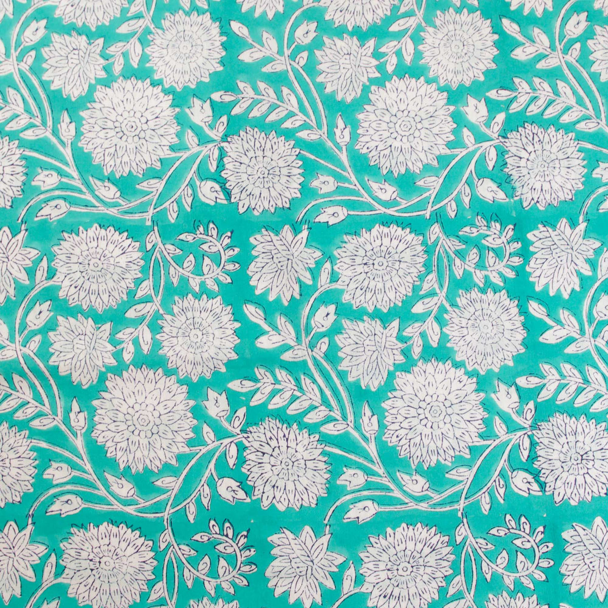 Indian Hand Block Printed Turquoise Green Floral 100% Cotton Women Dress Fabric Design 63
