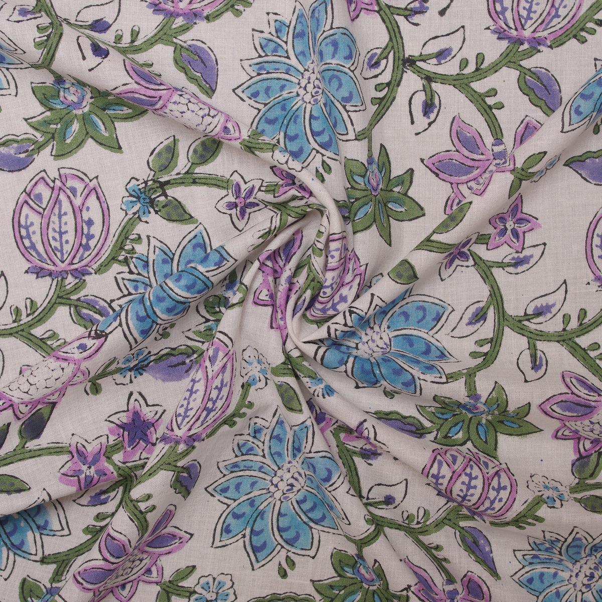 Indian Hand Block 100% Cotton White Floral Fabric Design 66